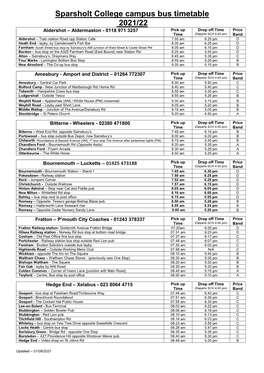 Sparsholt College Campus Bus Timetable 2021/22