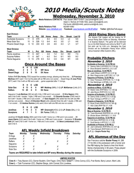 2010 Media/Scouts Notes Wednesday, November 3, 2010 Media Relations CONTACTS: Paul Jensen (480/710-8201, Paul.Jensen@Mlb.Com) Adam C