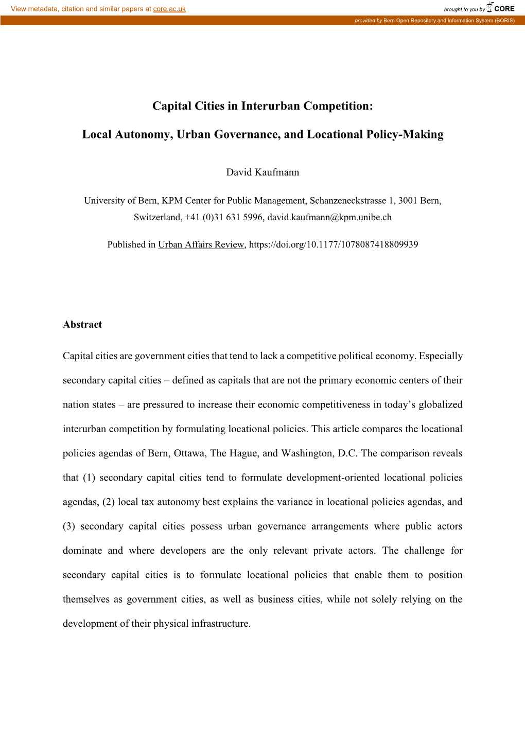 Capital Cities in Interurban Competition: Local Autonomy