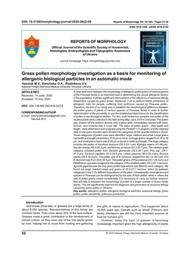 Grass Pollen Morphology Investigation As a Basis for Monitoring of Allergenic Biological Particles in an Automatic Mode Yasniuk М.V., Kaminska О.A., Rodinkova V.V
