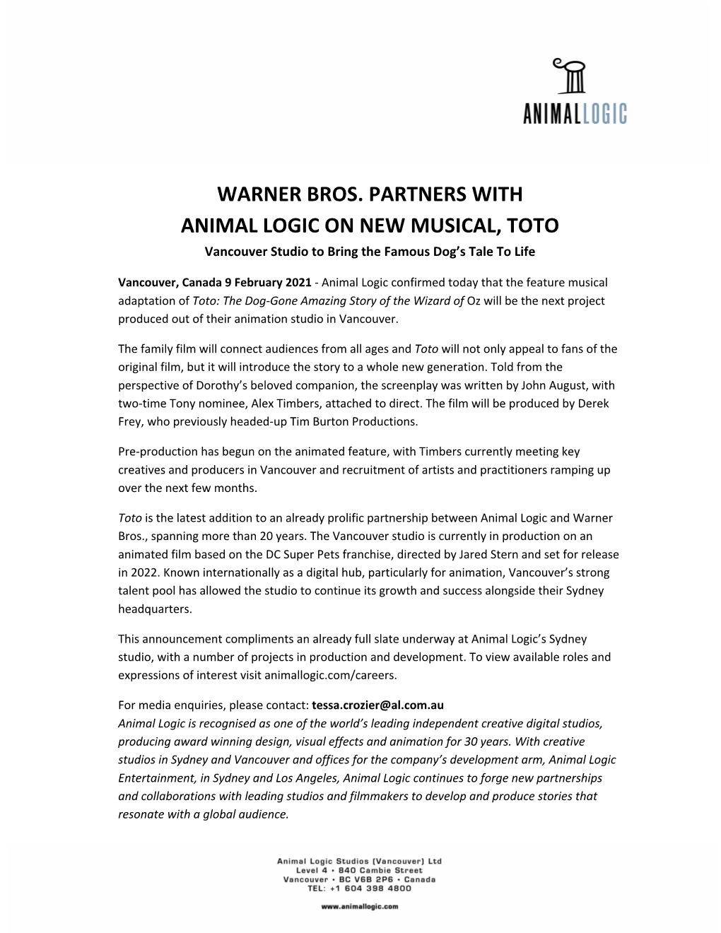 WARNER BROS. PARTNERS with ANIMAL LOGIC on NEW MUSICAL, TOTO Vancouver Studio to Bring the Famous Dog’S Tale to Life