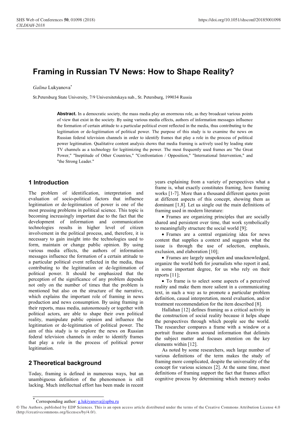 Framing in Russian TV News: How to Shape Reality?