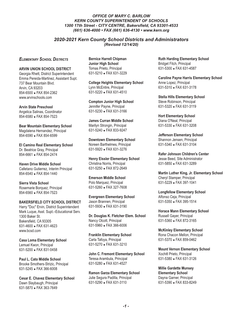 2020-2021 Kern County School Districts and Administrators (Revised 12/14/20)