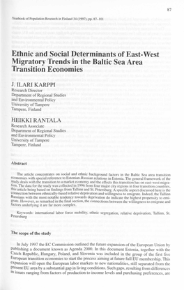 Ethnic and Social Determinants of East-West Migratory Trends in the Baltic Sea Area Transition Economies