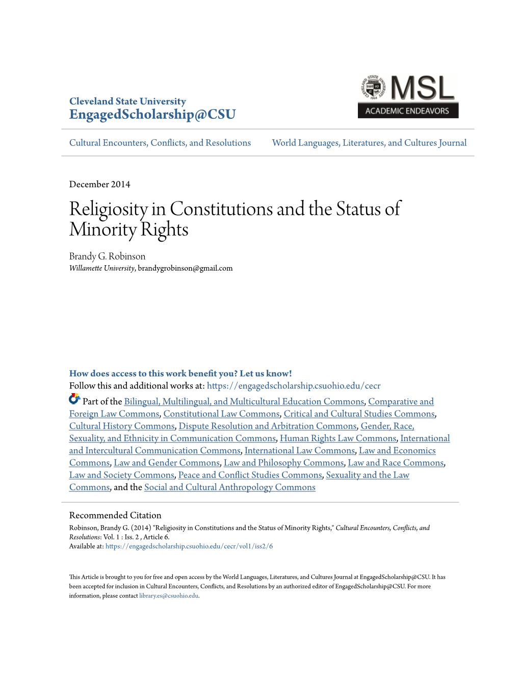 Religiosity in Constitutions and the Status of Minority Rights Brandy G