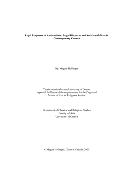 Legal Responses to Antisemitism: Legal Discourse and Anti-Jewish Hate in Contemporary Canada