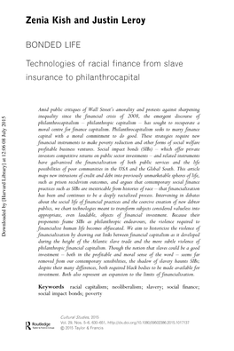 BONDED LIFE. Technologies of Racial Finance from Slave Insurance To