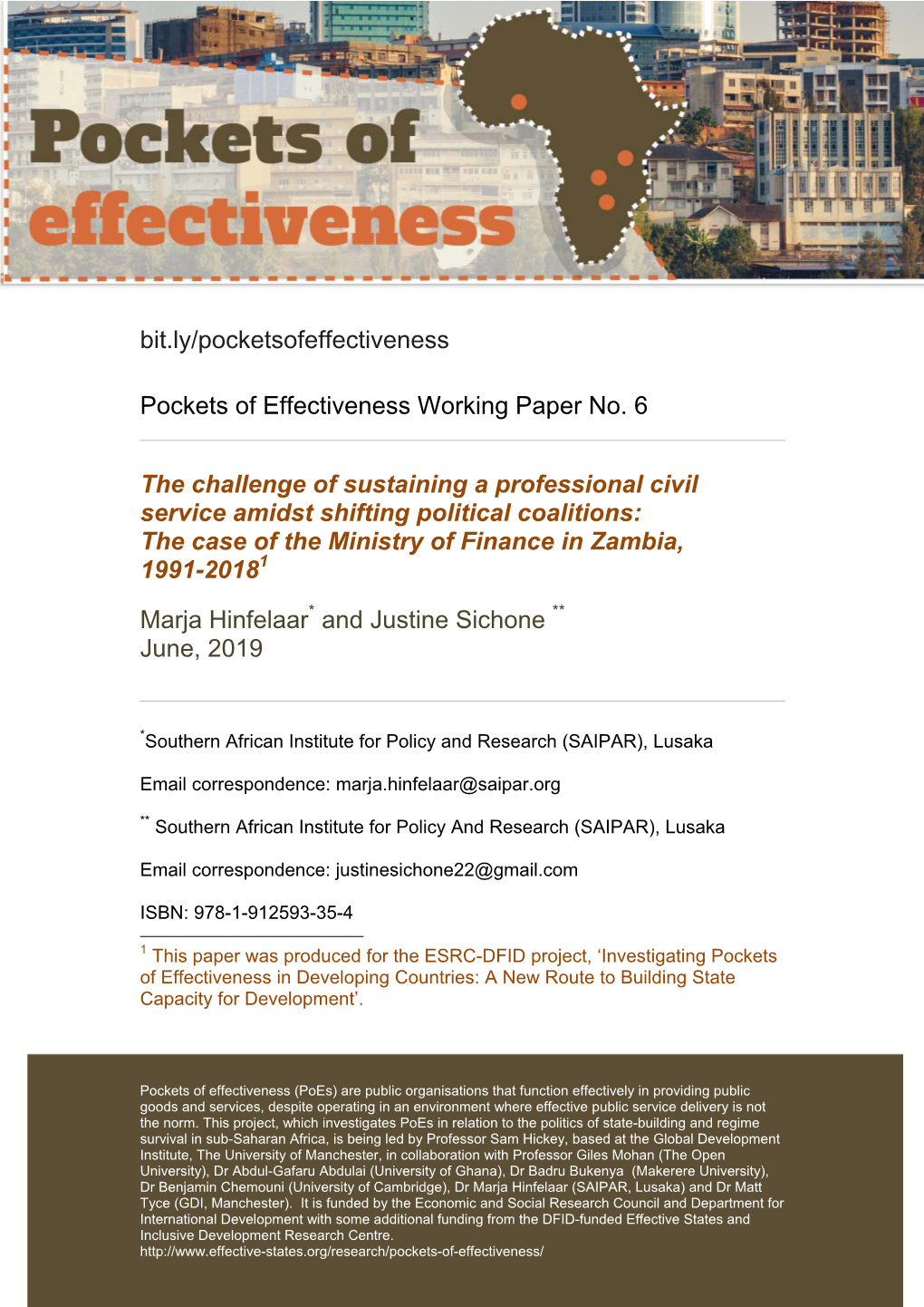 The Challenge of Sustaining a Professional Civil Service Amidst Shifting Political Coalitions: the Case of the Ministry of Finance in Zambia, 1991-20181