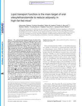 Lipid Transport Function Is the Main Target of Oral Oleoylethanolamide to Reduce Adiposity in High-Fat-Fed Mice