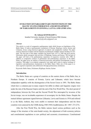 Evolution of Parliamentary Institutions in the Baltic States Emergence and Development of Parliaments in Estonia, Latvia and Lithuania