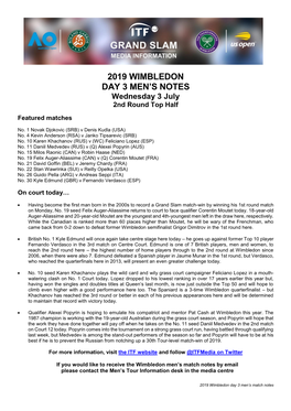 2019 Wimbledon Day 3 Men's Notes