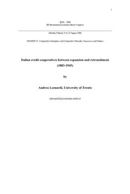 Italian Credit Cooperatives Between Expansion and Retrenchment (1883-1945) by Andrea Leonardi, University of Trento