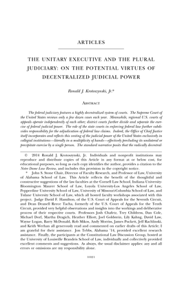 Articles the Unitary Executive and the Plural Judiciary