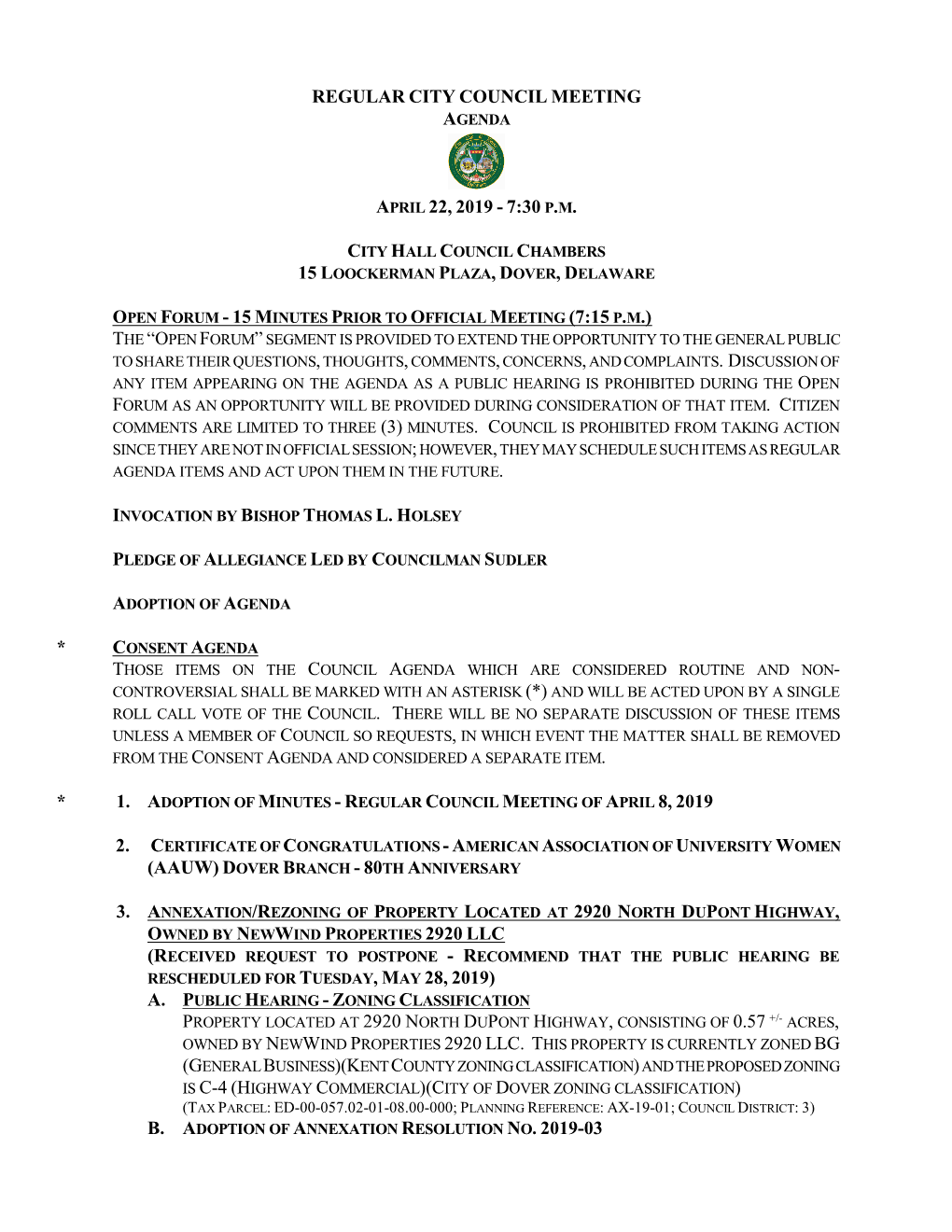 Regular City Council Meeting April 22, 2019