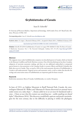 Grylloblattodea of Canada 271 Doi: 10.3897/Zookeys.819.24289 REVIEW ARTICLE Launched to Accelerate Biodiversity Research