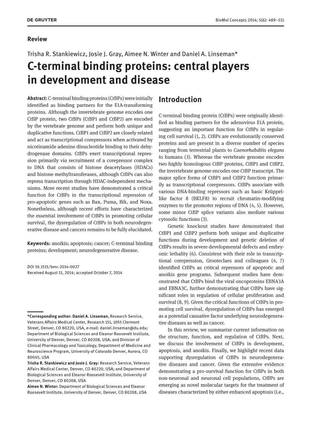 C-Terminal Binding Proteins: Central Players in Development and Disease