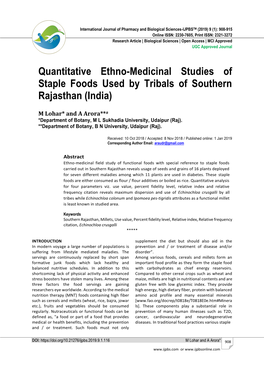 Quantitative Ethno-Medicinal Studies of Staple Foods Used by Tribals of Southern Rajasthan (India)