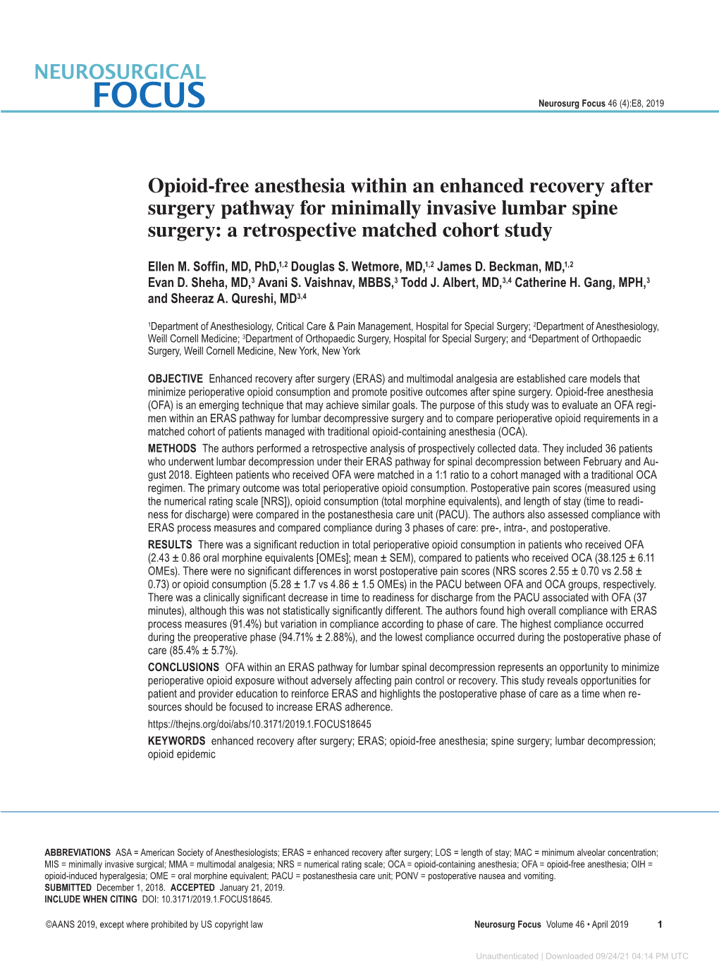 Opioid-Free Anesthesia Within an Enhanced Recovery After Surgery Pathway for Minimally Invasive Lumbar Spine Surgery: a Retrospective Matched Cohort Study