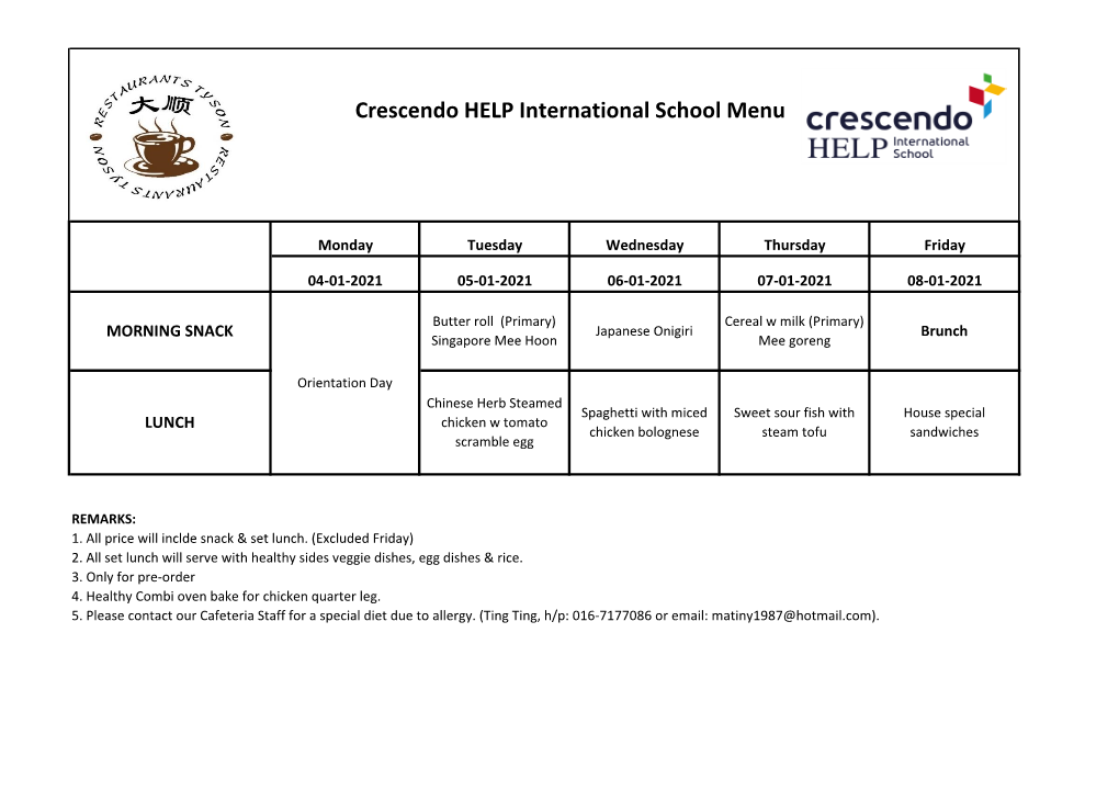 Crescendo HELP International School Menu