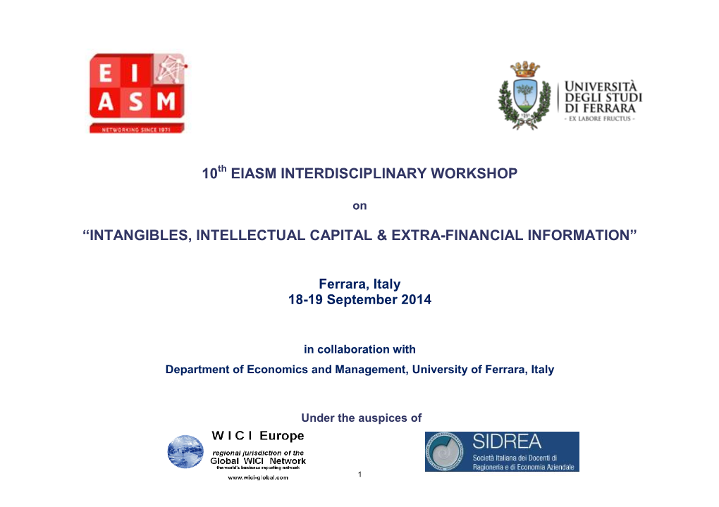 10 Eiasm Interdisciplinary Workshop “Intangibles