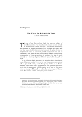 The War of the Æsir and the Vanir a Note on Sources