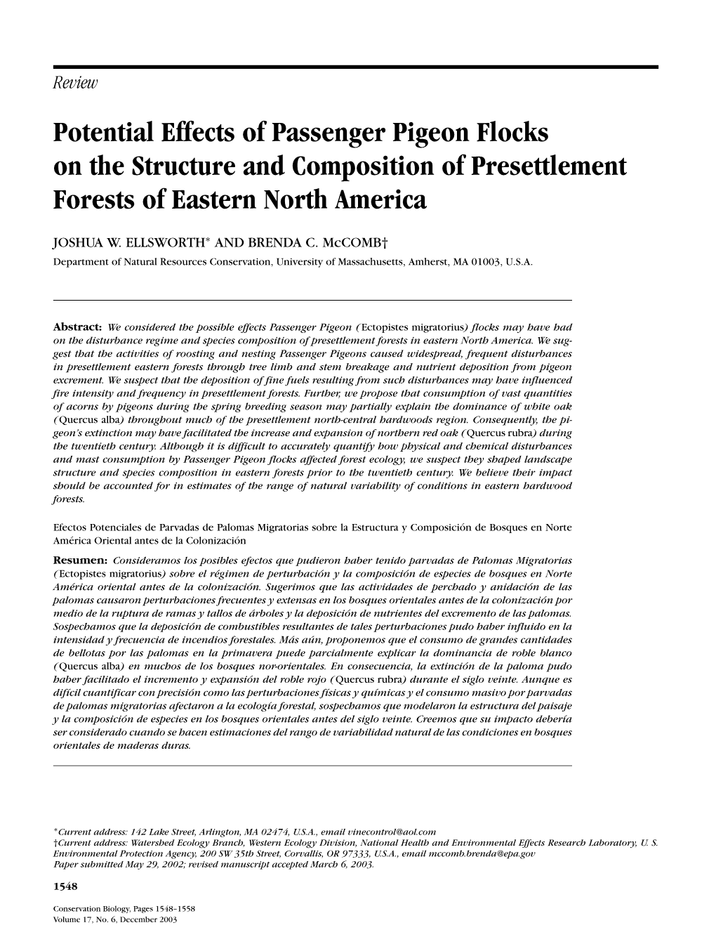 Potential Effects of Passenger Pigeon Flocks on the Structure and Composition of Presettlement Forests of Eastern North America