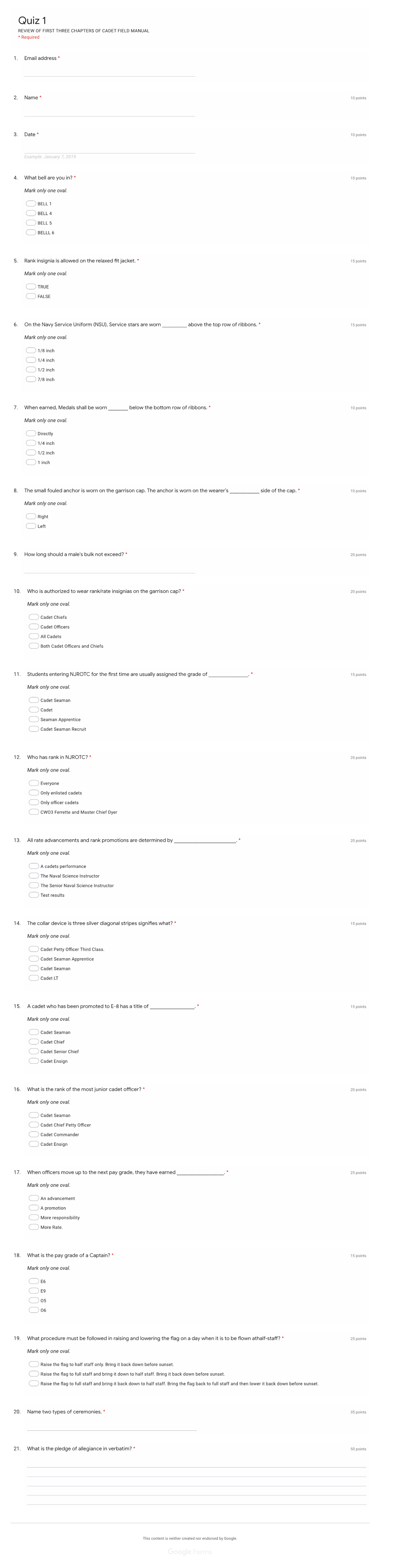 Quiz 1 REVIEW of FIRST THREE CHAPTERS of CADET FIELD MANUAL * Required