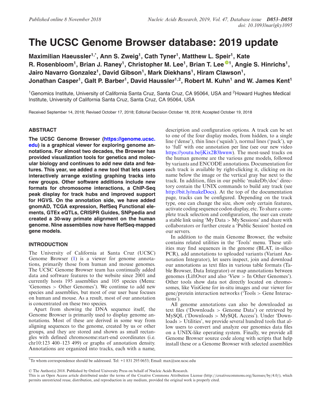 The UCSC Genome Browser Database: 2019 Update Maximilian Haeussler1,*, Ann S