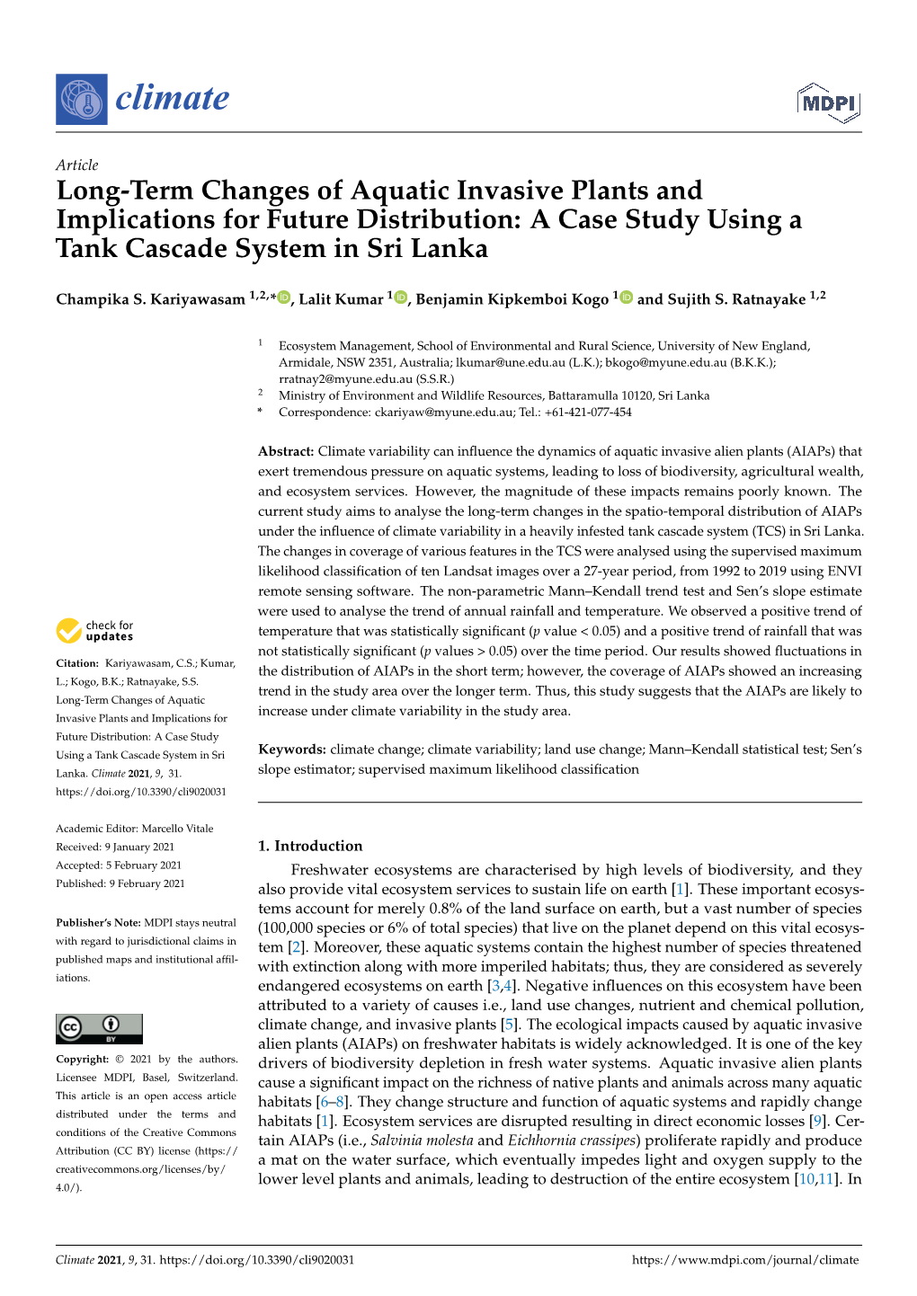 Long-Term Changes of Aquatic Invasive Plants and Implications for Future Distribution: a Case Study Using a Tank Cascade System in Sri Lanka