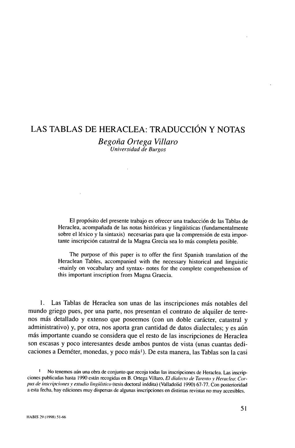 LAS TABLAS DE HERACLEA: TRADUCCIÓN Y NOTAS Begoña Ortega Vil/Aro Universidad De Burgos