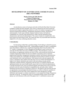 Development of an Entry Level Course in Local Area Networks