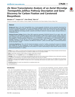 De Novo Transcriptome Analysis of an Aerial Microalga Trentepohlia Jolithus: Pathway Description and Gene Discovery for Carbon Fixation and Carotenoid Biosynthesis