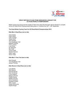 Great Britain Cycling Team UCI World Championships Longlists