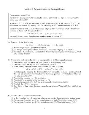 Math 412. Adventure Sheet on Quotient Groups