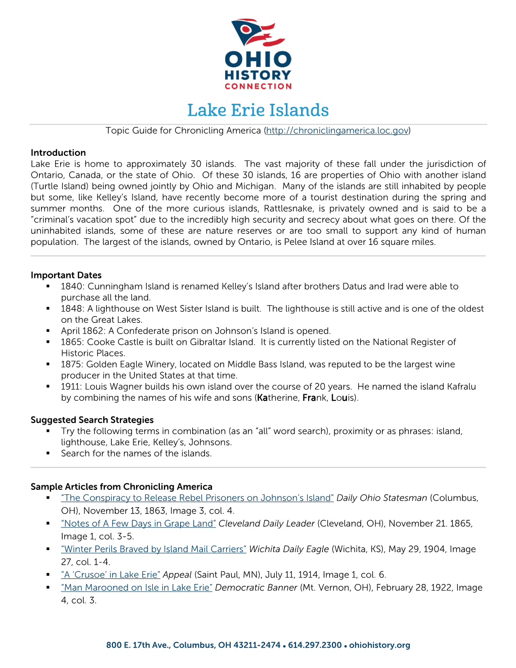 Lake Erie Islands Topic Guide for Chronicling America (