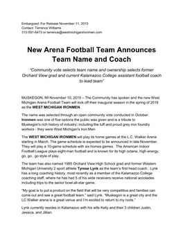 New Arena Football Team Announces Team Name and Coach
