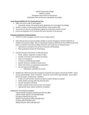 Labette Community College Athletic Training Emergency Action Plan for Gymnasium (Volleyball, Men’S & Women’S Basketball, Wrestling)