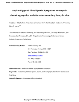 Platelet Aggregation and Attenuates Acute Lung Injury in Mice