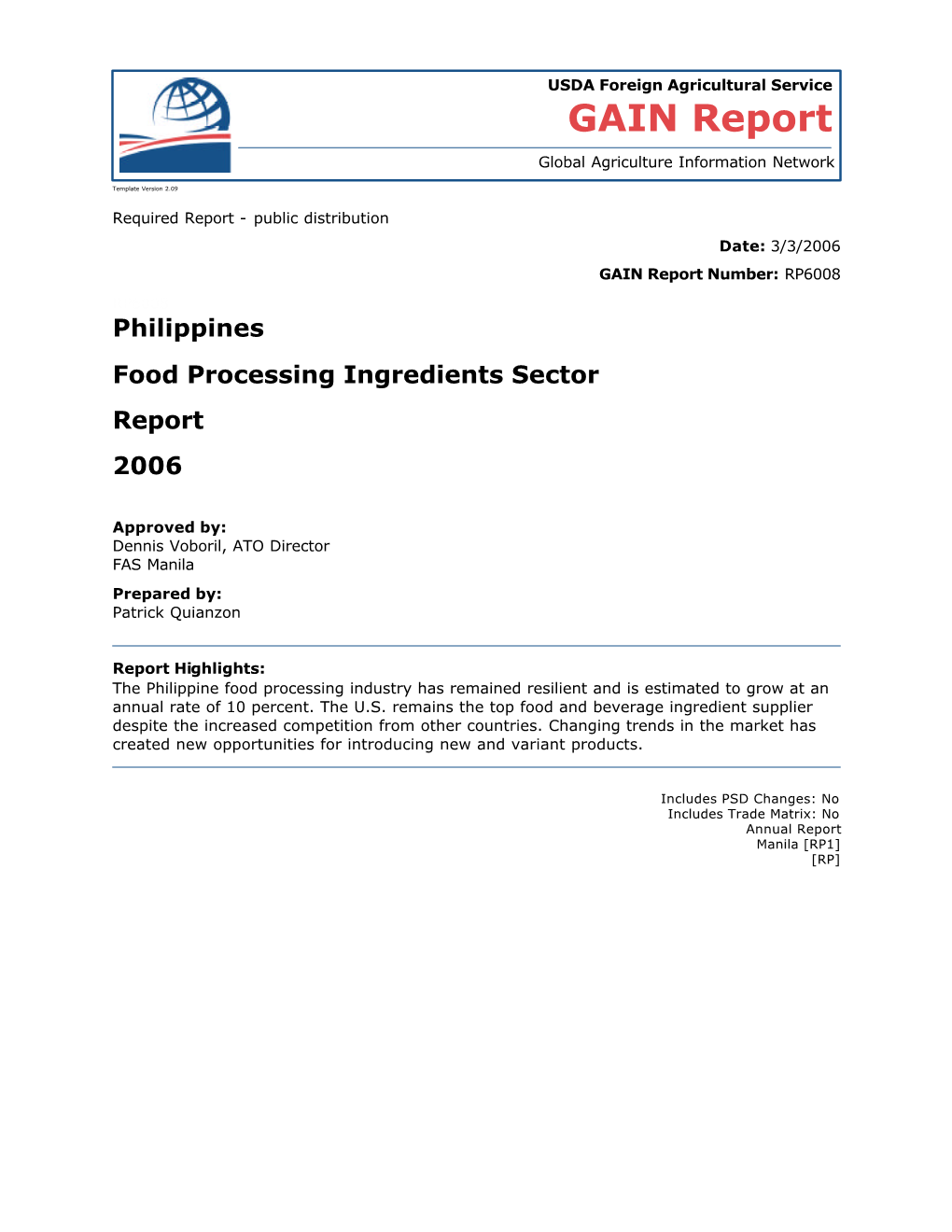 Philippines Food Processing Ingredients Sector Report 2006