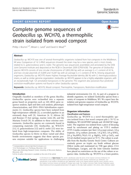 Complete Genome Sequences of Geobacillus Sp. WCH70, a Thermophilic Strain Isolated from Wood Compost Phillip J