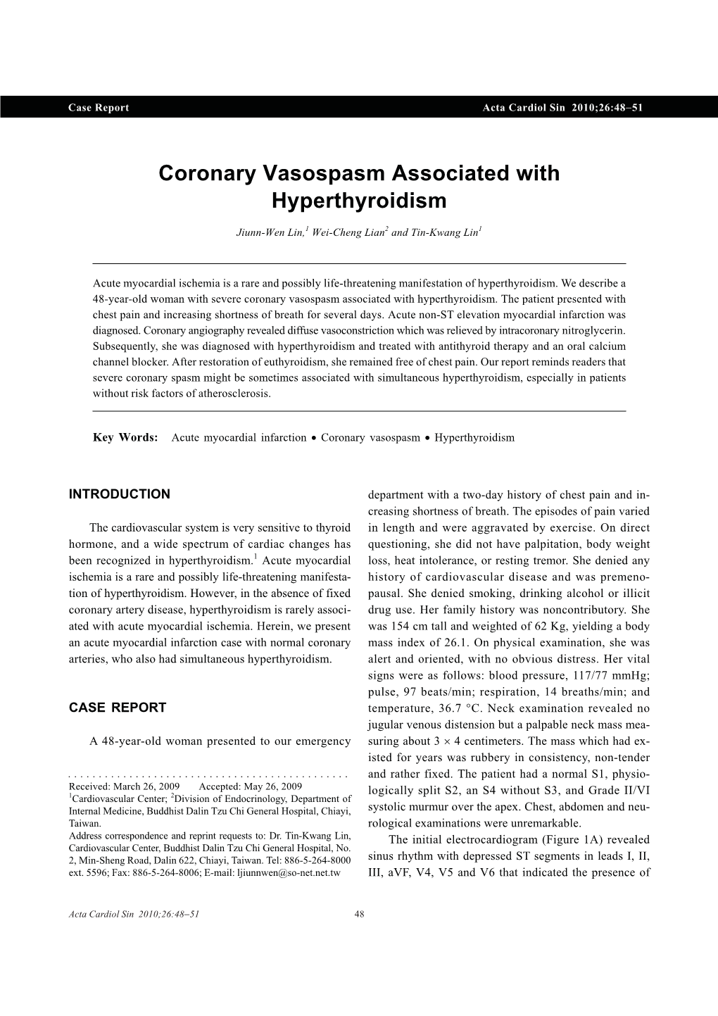 Coronary Vasospasm Associated with Hyperthyroidism