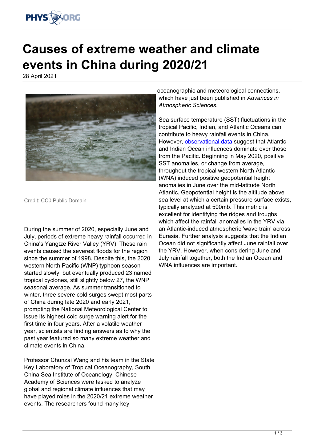 Causes of Extreme Weather and Climate Events in China During 2020/21 28 April 2021