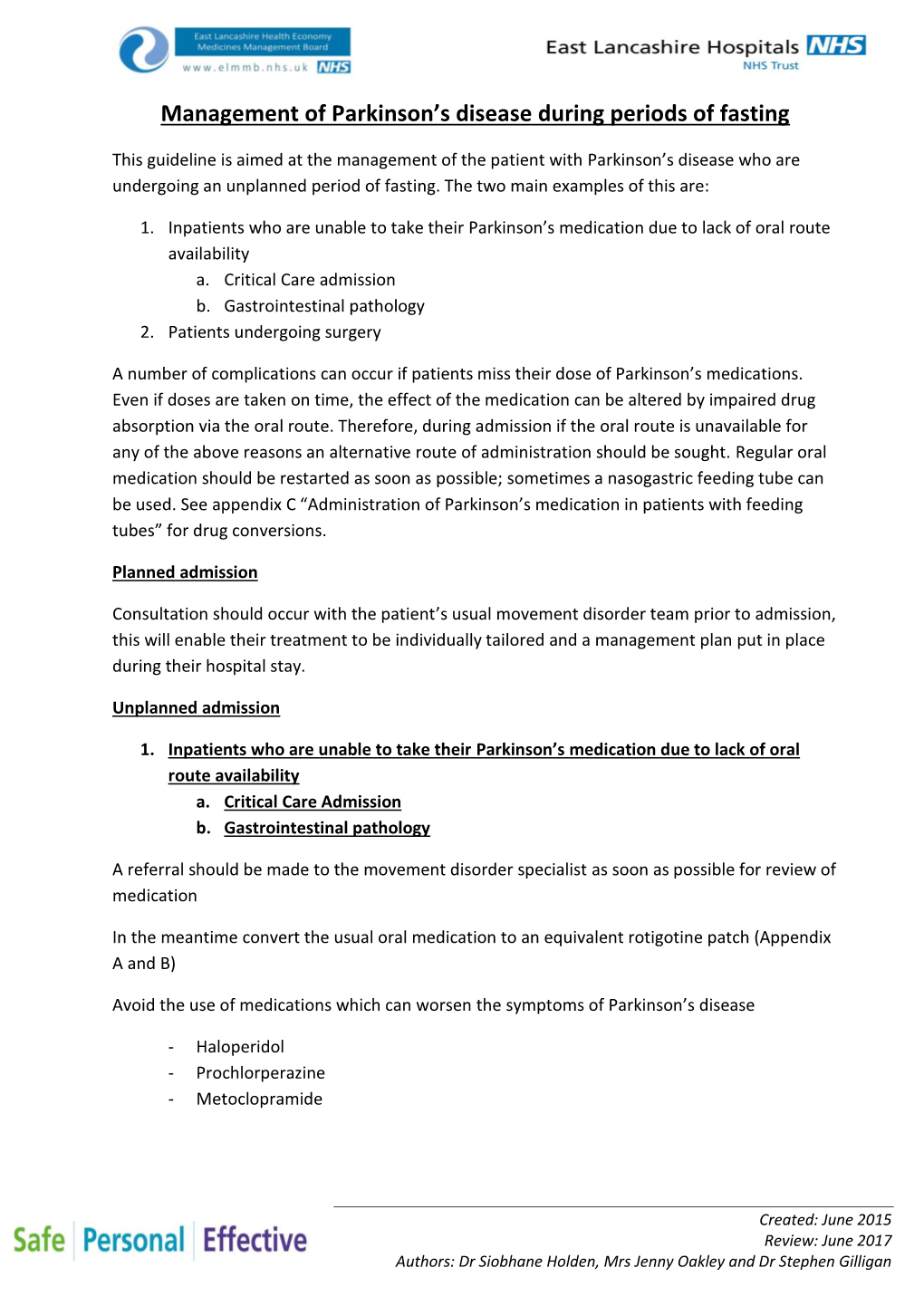 Management of Parkinson's Disease During Periods of Fasting