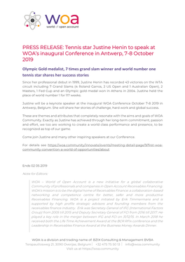 PRESS RELEASE: Tennis Star Justine Henin to Speak at WOA’S Inaugural Conference in Antwerp, 7-8 October 2019