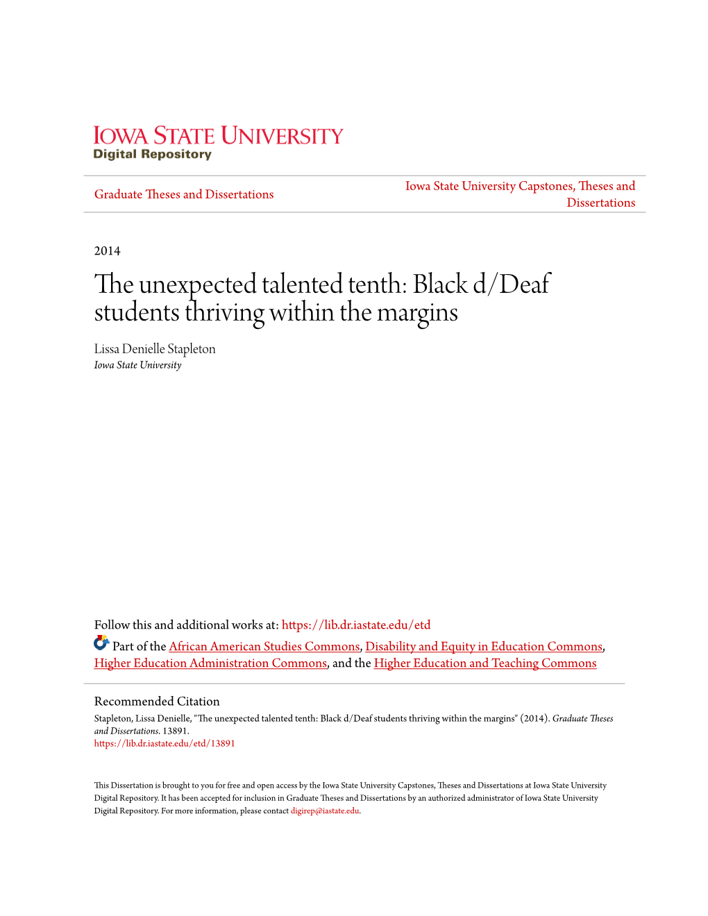 Black D/Deaf Students Thriving Within the Margins Lissa Denielle Stapleton Iowa State University
