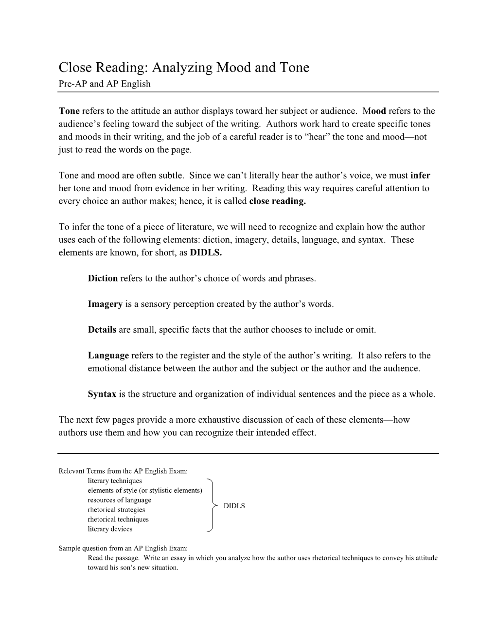 Close Reading: Analyzing Mood and Tone Pre-AP and AP English