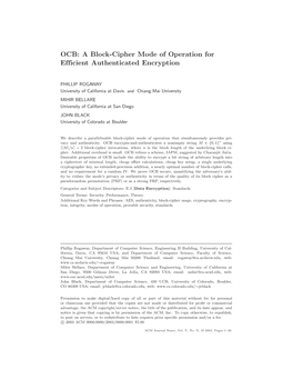 OCB: a Block-Cipher Mode of Operation for Efficient Authenticated Encryption