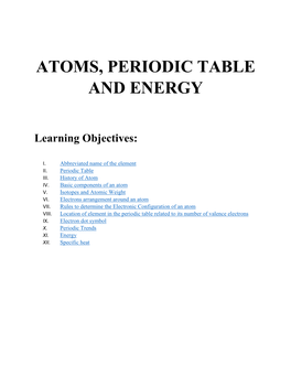 Atoms, Periodic Table and Energy