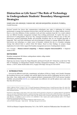 Distraction Or Life Saver? the Role of Technology in Undergraduate Students’ Boundary Management 2 Strategies