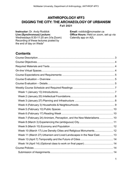 ANTHROPOLOGY 4FF3 DIGGING the CITY: the ARCHAEOLOGY of URBANISM Fall 2021